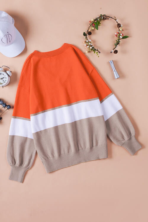 Striped V-Neck Long Sleeve Sweater BLUE ZONE PLANET