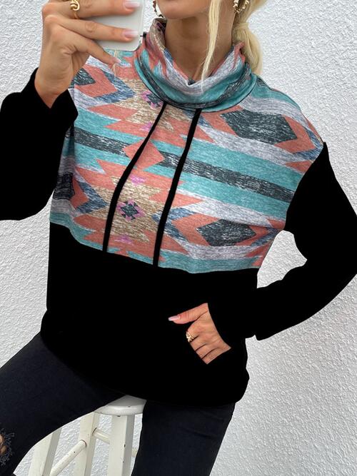 Geometric Drawstring Long-Sleeve Sweatshirt BLUE ZONE PLANET