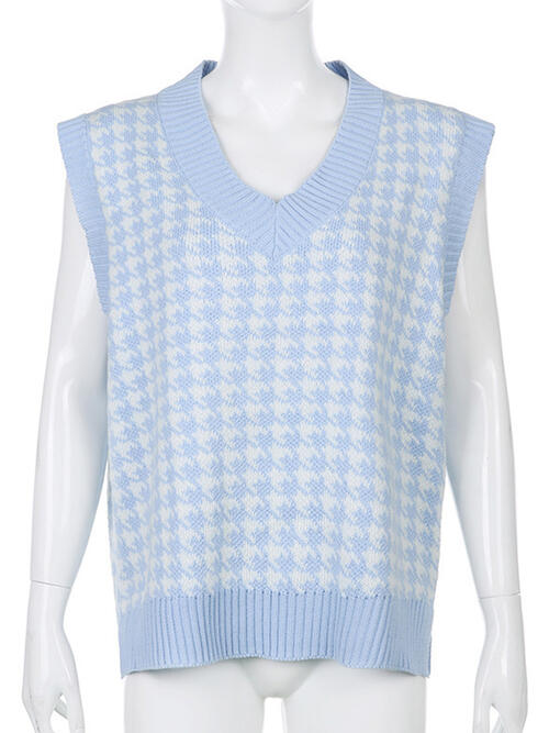 Houndstooth V-Neck Sweater Vet BLUE ZONE PLANET