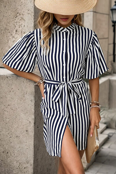 Blue Zone Planet |  Striped Button Up Tie Waist Mini Dress BLUE ZONE PLANET