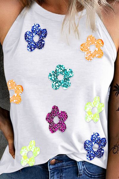 Sequin Flower Grecian Neck Tank BLUE ZONE PLANET