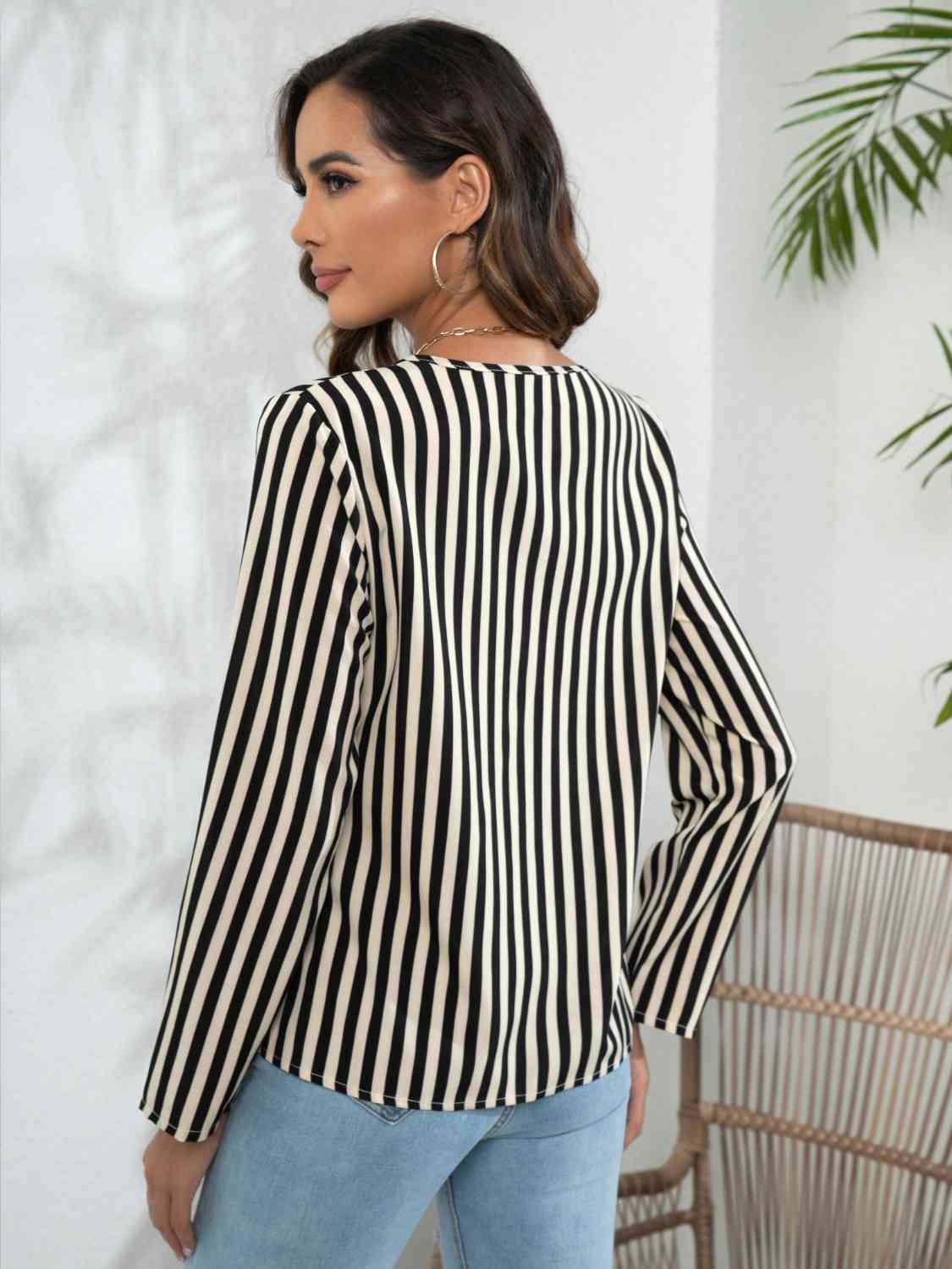 Striped Long Sleeve Notched Blouse BLUE ZONE PLANET