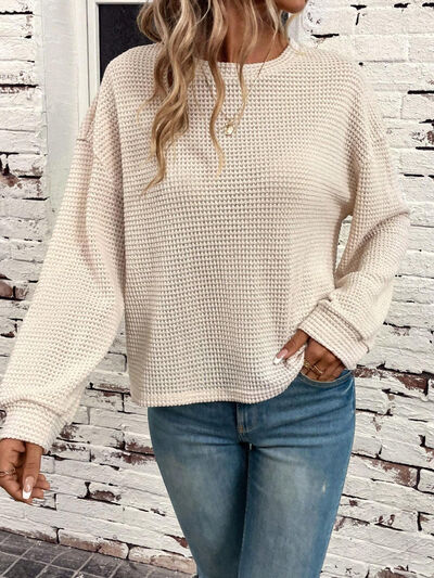 Waffle-Knit Round Neck Long Sleeve T-Shirt Trendsi