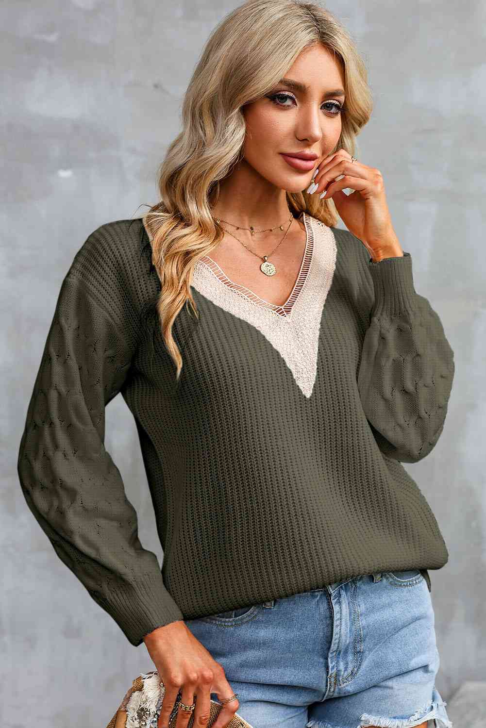 Contrast V-Neck Sweater BLUE ZONE PLANET