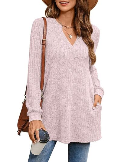 Slit Notched Pocketed Long Sleeve T-Shirt-TOPS / DRESSES-[Adult]-[Female]-Eggshell-S-2022 Online Blue Zone Planet