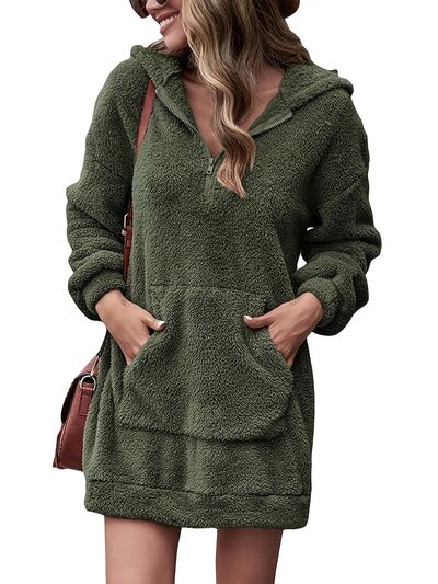 Half Zip Dropped Shoulder Oversized Hoodie-TOPS / DRESSES-[Adult]-[Female]-Army Green-S-2022 Online Blue Zone Planet