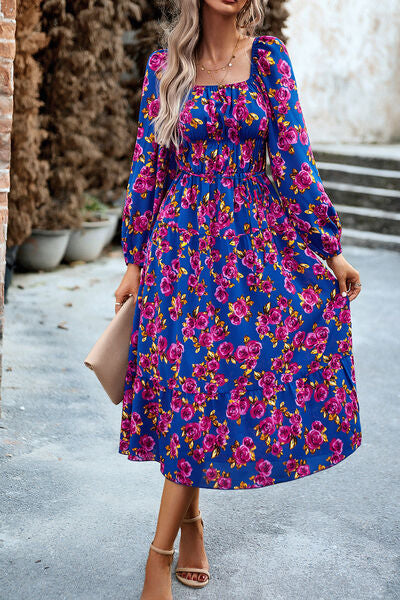 Printed Balloon Sleeve Pocketed Midi Dress-TOPS / DRESSES-[Adult]-[Female]-2022 Online Blue Zone Planet