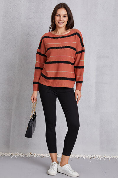 Striped Round Neck Dropped Shoulder Sweater-TOPS / DRESSES-[Adult]-[Female]-2022 Online Blue Zone Planet