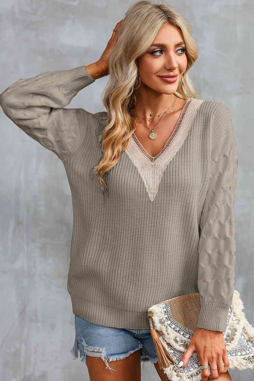 Contrast V-Neck Sweater BLUE ZONE PLANET