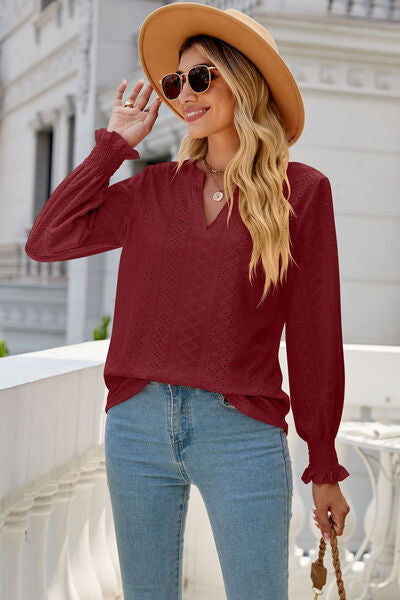 Eyelet Notched Lantern Sleeve T-Shirt Trendsi