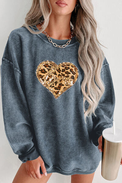 Blue Zone Planet |  Heart Leopard Sequin Round Neck Sweatshirt BLUE ZONE PLANET