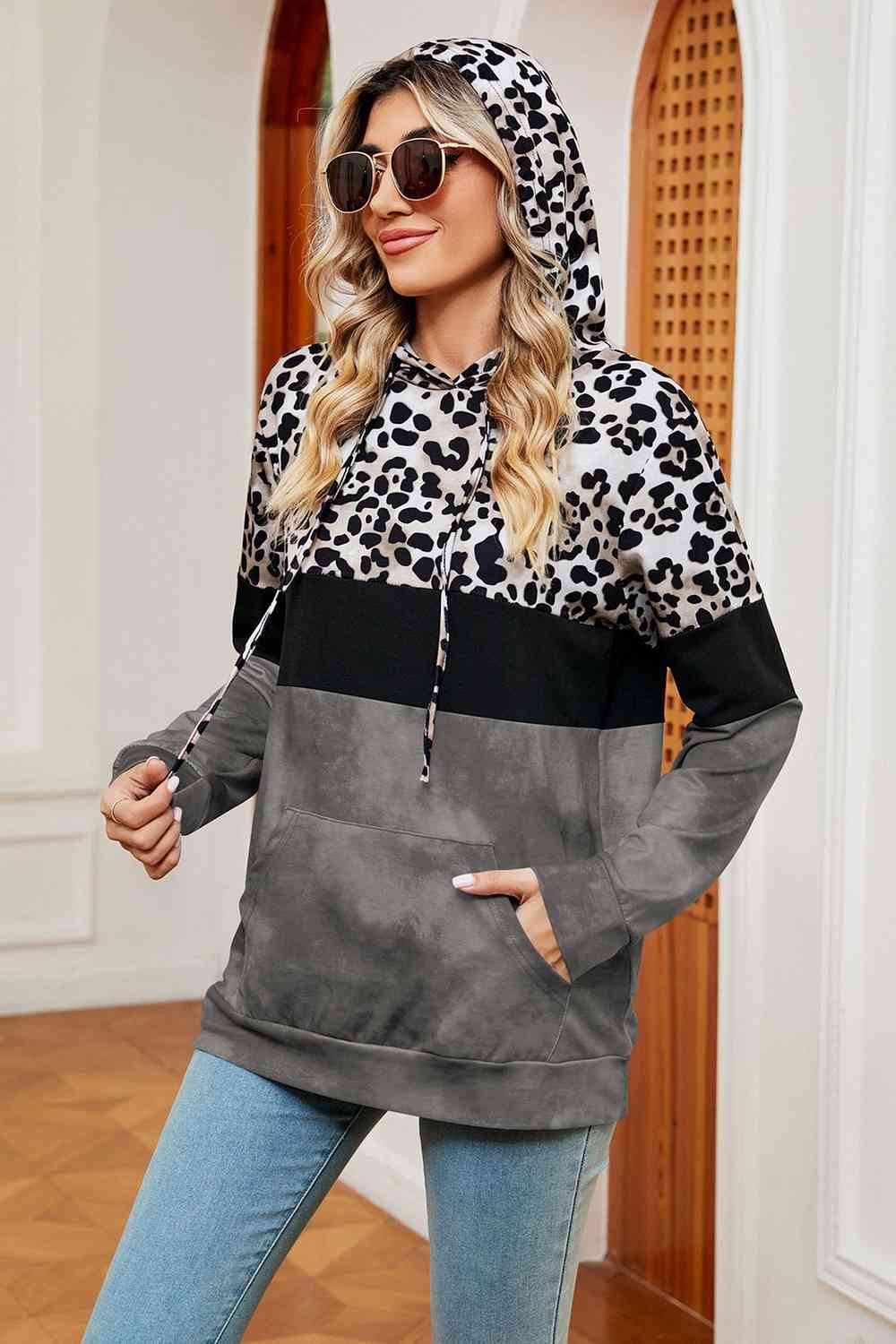 Leopard Drawstring Hoodie with Pocket BLUE ZONE PLANET