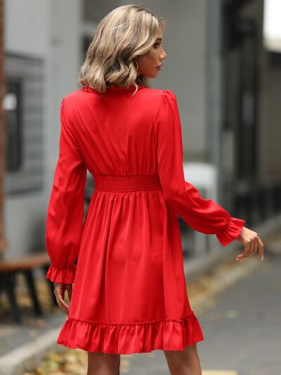 Ruffle Trim V-Neck Flounce Sleeve Dress BLUE ZONE PLANET