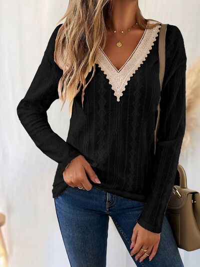 Eyelet V-Neck Dropped Shoulder T-Shirt Trendsi