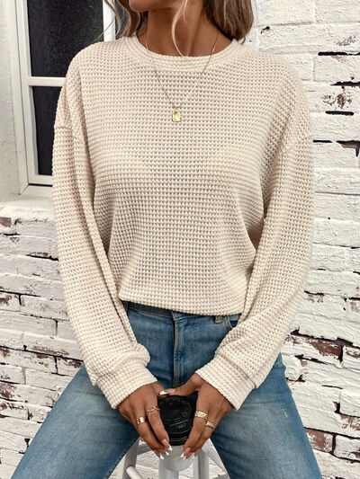 Waffle-Knit Round Neck Long Sleeve T-Shirt Trendsi