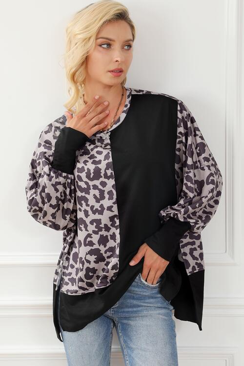 Leopard Round Neck Lantern Sleeve Slit Sweatshirt BLUE ZONE PLANET