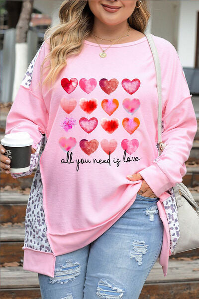 Blue Zone Planet |  Plus Size Heart Leopard Dropped Shoulder Sweatshirt BLUE ZONE PLANET