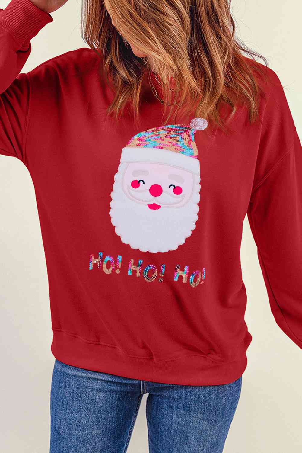 Sequin Santa Graphic Round Neck Sweatshirt BLUE ZONE PLANET