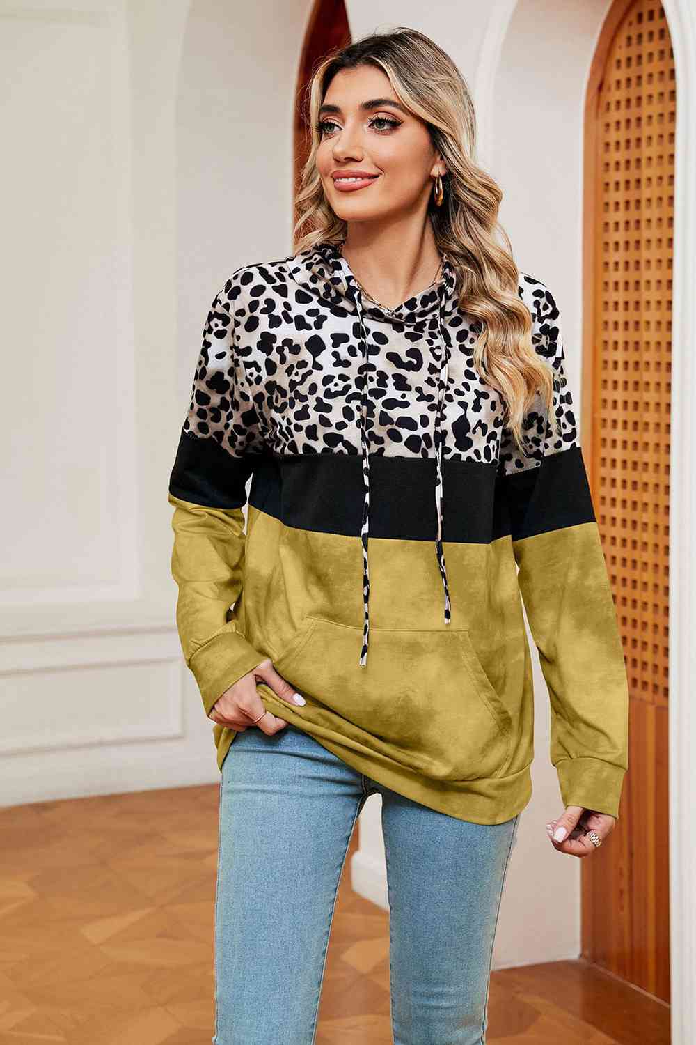 Leopard Drawstring Hoodie with Pocket BLUE ZONE PLANET