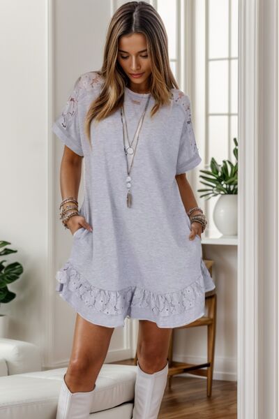 Lace Detail Round Neck Short Sleeve Dress BLUE ZONE PLANET