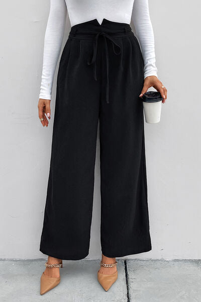 High Waist Ruched Tie Front Wide Leg Pants BLUE ZONE PLANET