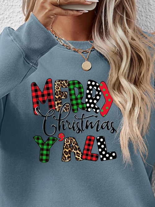 Letter Graphic Round Neck Long Sleeve Sweatshirt BLUE ZONE PLANET