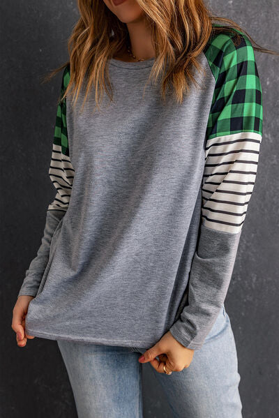 Blue Zone Planet |  Striped Plaid Round Neck Long Sleeve T-Shirt BLUE ZONE PLANET