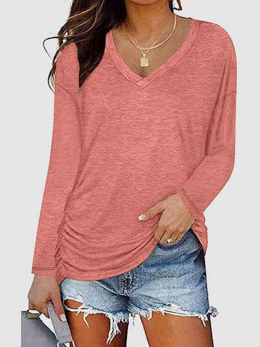 Ruched V-Neck Long Sleeve T-Shirt BLUE ZONE PLANET
