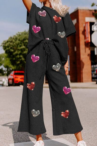 Heart Sequin Short Sleeve Top and Drawstring Pants Lounge Set Trendsi