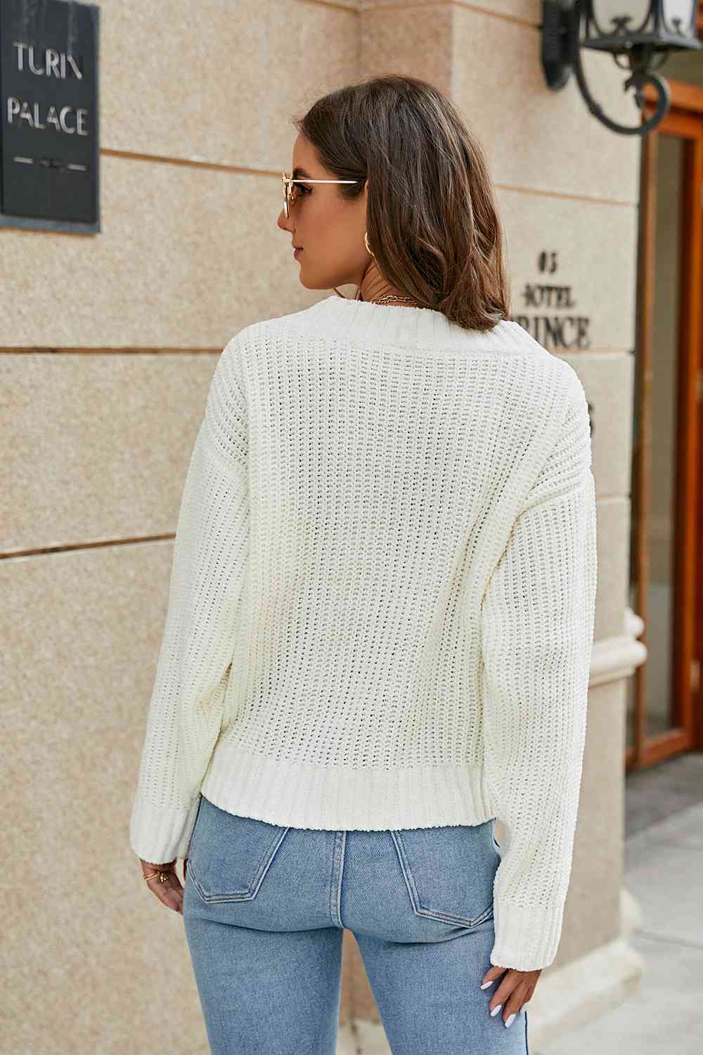 Openwork Surplice Long Sleeve Sweater BLUE ZONE PLANET