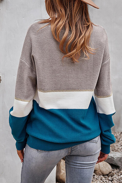 Striped V-Neck Long Sleeve Sweater BLUE ZONE PLANET