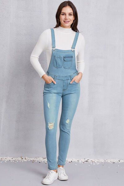 Blue Zone Planet |  Distressed Washed Denim Overalls with Pockets BLUE ZONE PLANET