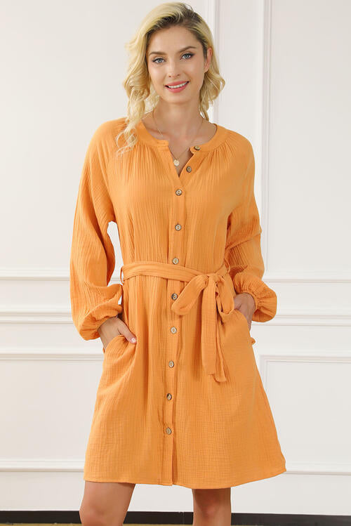 Tied Button Front Balloon Sleeve Dress BLUE ZONE PLANET