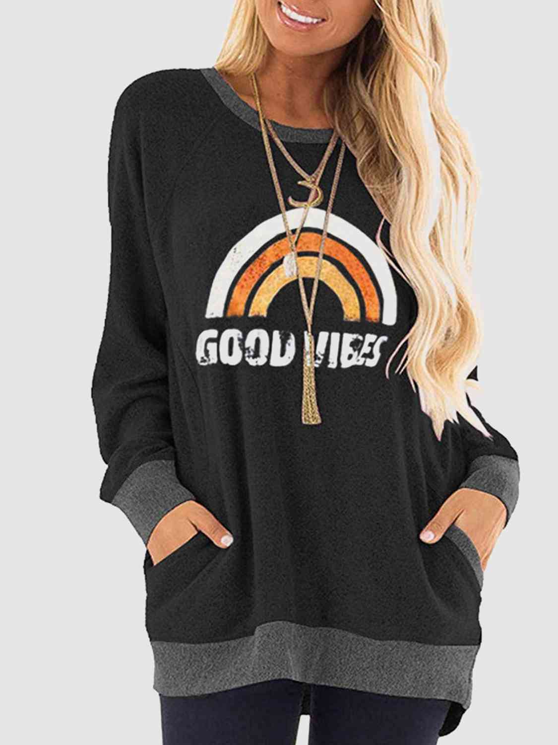 Rainbow Graphic Round Neck Sweatshirt with Pockets BLUE ZONE PLANET