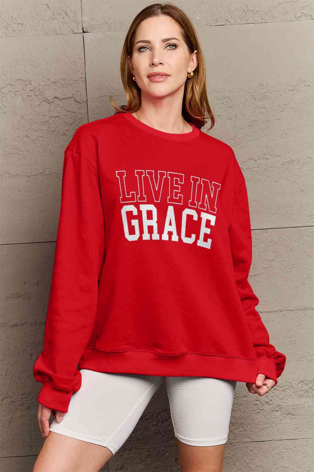 Simply Love Full Size LIVE IN GRACE Graphic Sweatshirt BLUE ZONE PLANET