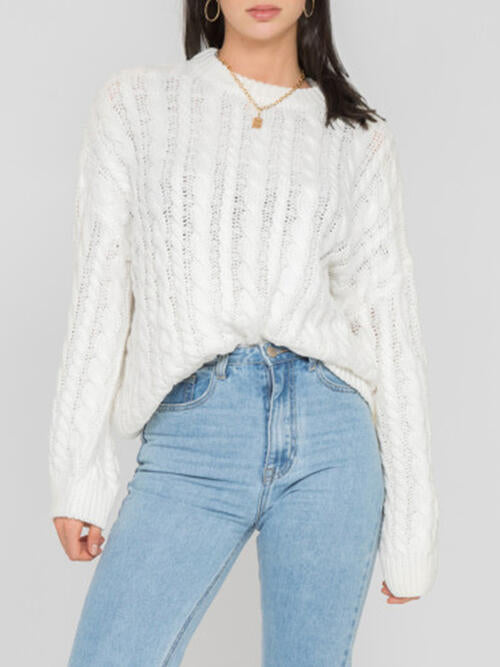 Openwork Round Sleeve Cable-Knit Sweater BLUE ZONE PLANET