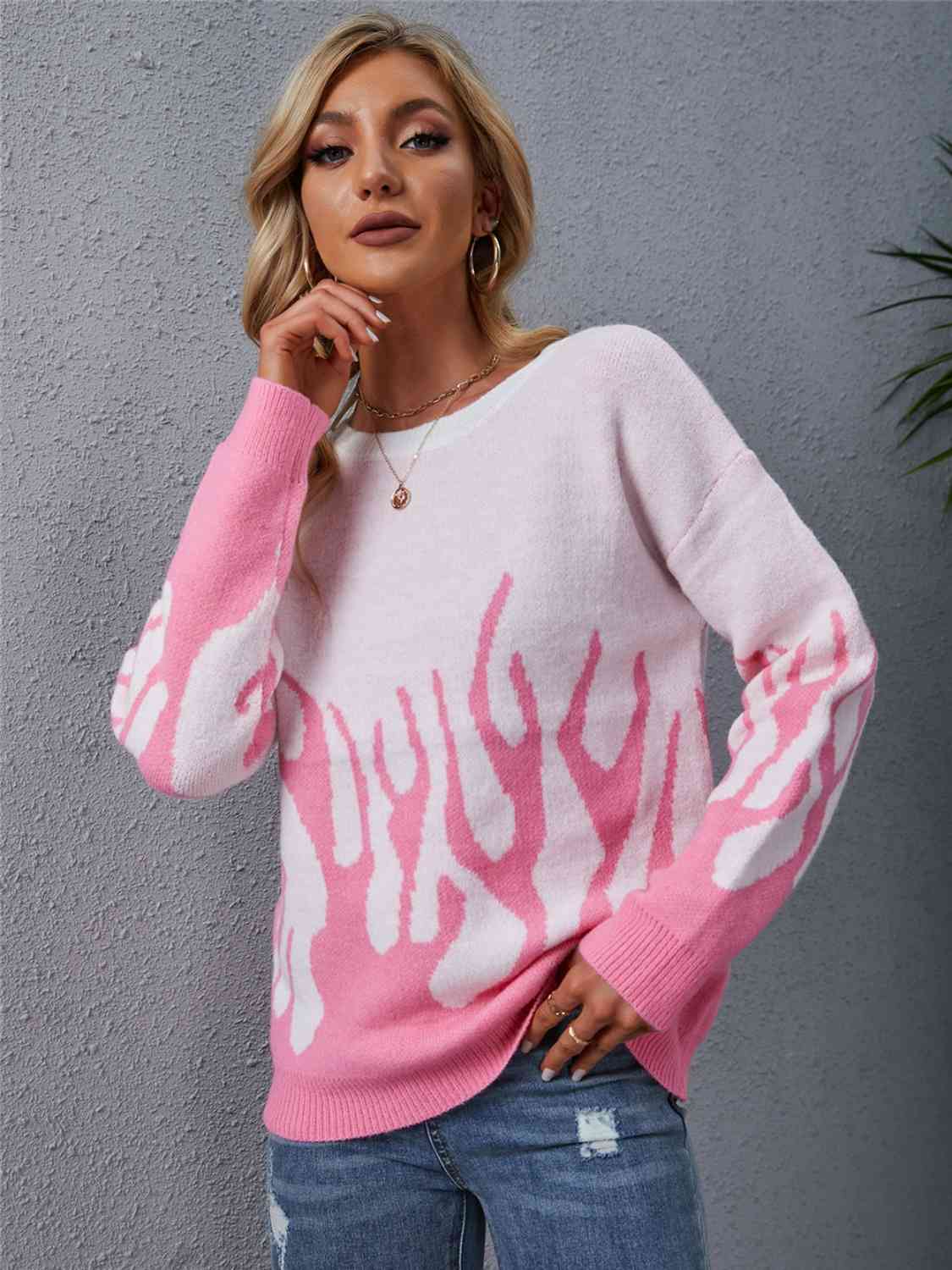 Printed Round Neck Long Sleeve Sweater BLUE ZONE PLANET