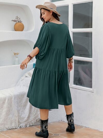 Plus Size Tie Neck Balloon Sleeve Midi Dress BLUE ZONE PLANET