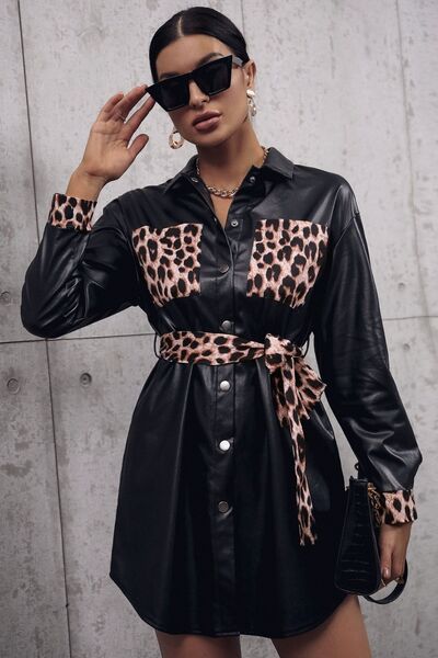 Tied Leopard Snap Down Trench Coat Trendsi