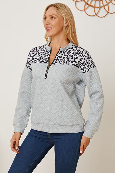 Leopard Half Zip Dropped Shoulder Sweatshirt-TOPS / DRESSES-[Adult]-[Female]-2022 Online Blue Zone Planet