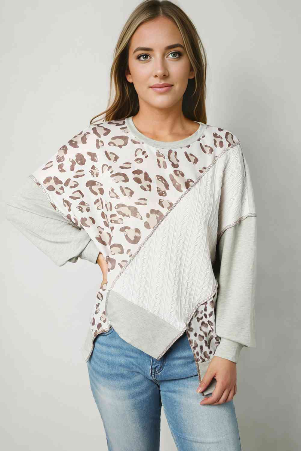 Leopard Exposed Seams Round Neck Sweatshirt BLUE ZONE PLANET