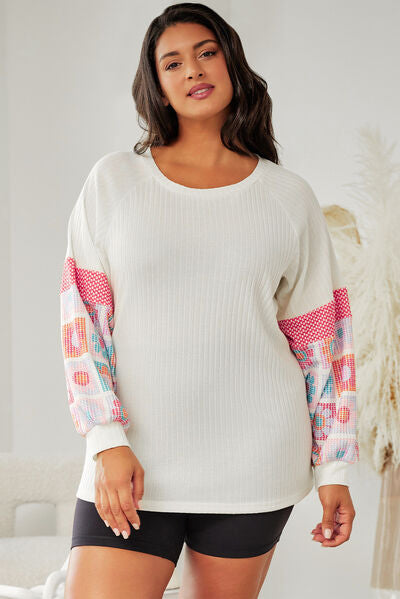 Plus Size Flower Pattern Round Neck Long Sleeve T-Shirt BLUE ZONE PLANET