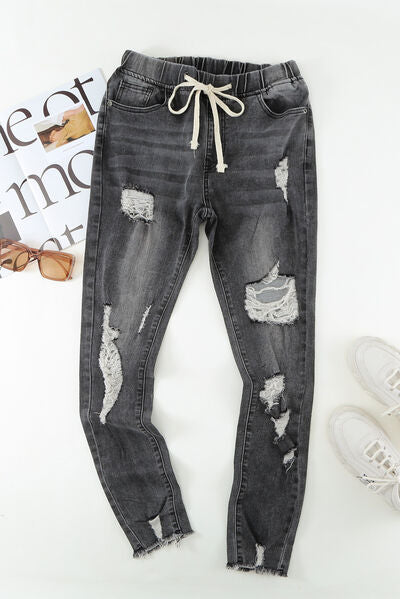 Blue Zone Planet |  Drawstring Distressed Raw Hem Jeans with Pockets BLUE ZONE PLANET