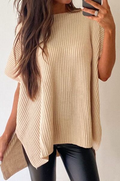 Waffle-Knit Slit Short Sleeve Sweater-TOPS / DRESSES-[Adult]-[Female]-Beige-S-2022 Online Blue Zone Planet