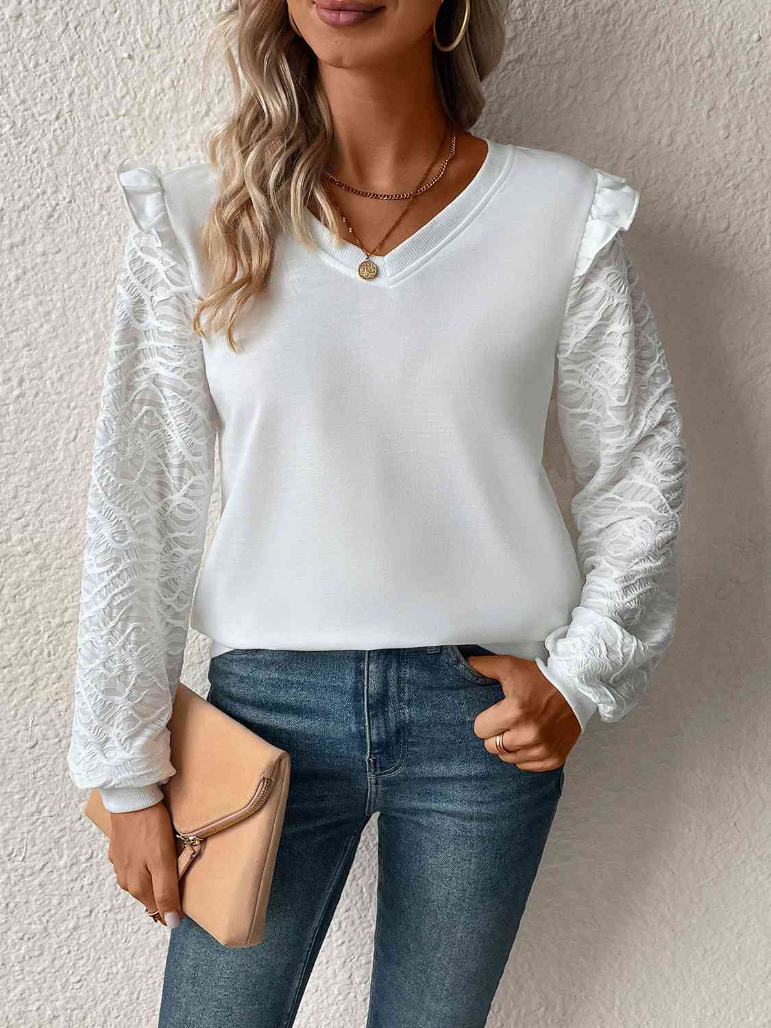 Textured V-Neck Long Sleeve Top BLUE ZONE PLANET