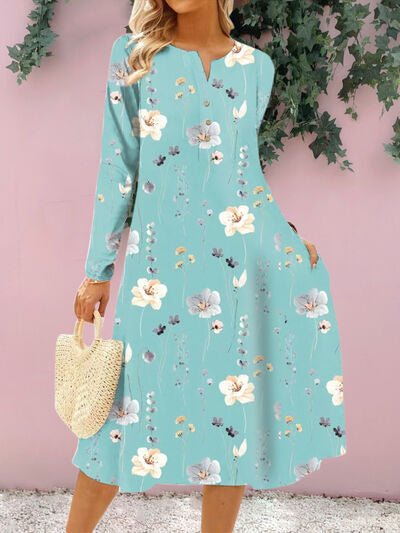 Floral Notched Long Sleeve Midi Dress BLUE ZONE PLANET