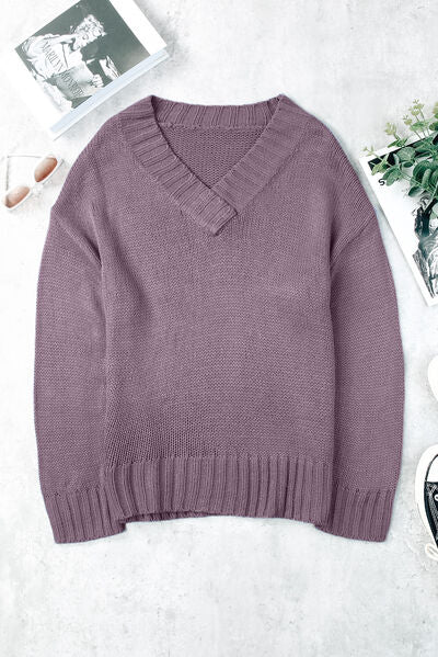 V-Neck Dropped Shoulder Sweater-TOPS / DRESSES-[Adult]-[Female]-Lilac-S-2022 Online Blue Zone Planet