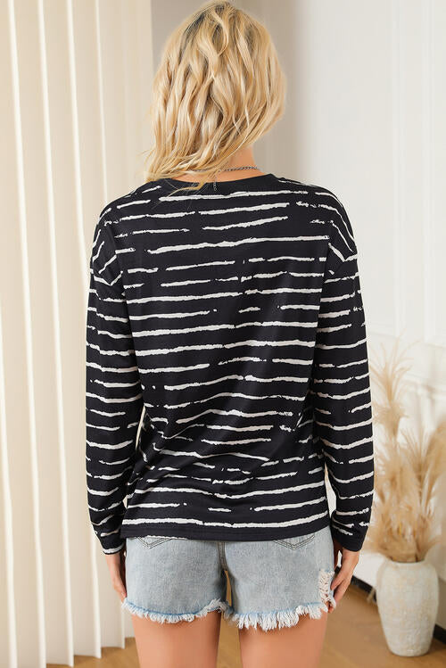 Striped Round Neck Long Sleeve T-Shirt BLUE ZONE PLANET