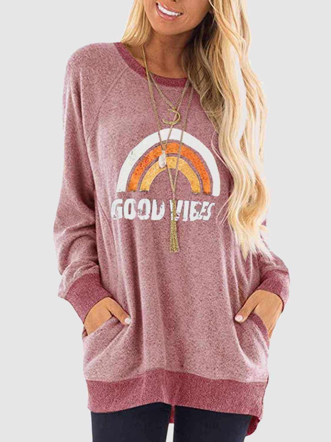 Rainbow Graphic Round Neck Sweatshirt with Pockets BLUE ZONE PLANET