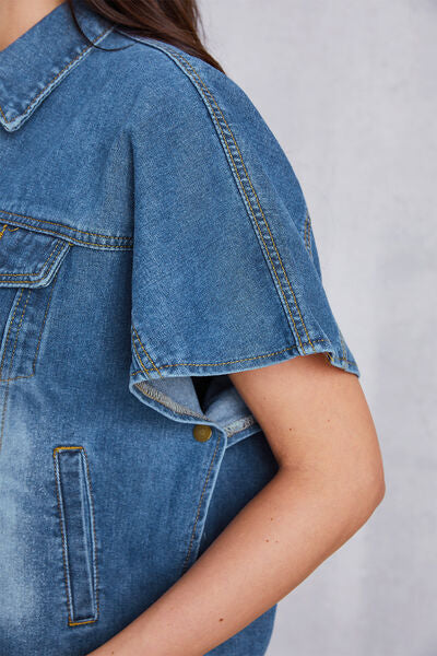 Pocketed Button Up Short Sleeve Denim Top-TOPS / DRESSES-[Adult]-[Female]-2022 Online Blue Zone Planet